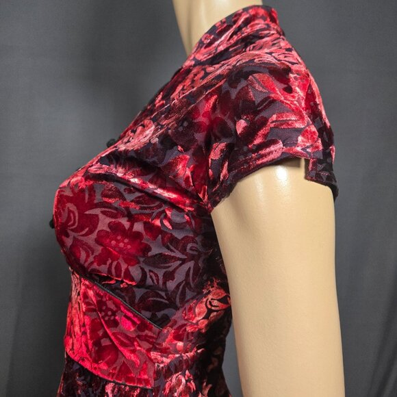 Vintage 90s Red Flocked Velvet Burnout Asian Style Top Size S Gothic Whimsigoth - Picture 9 of 14